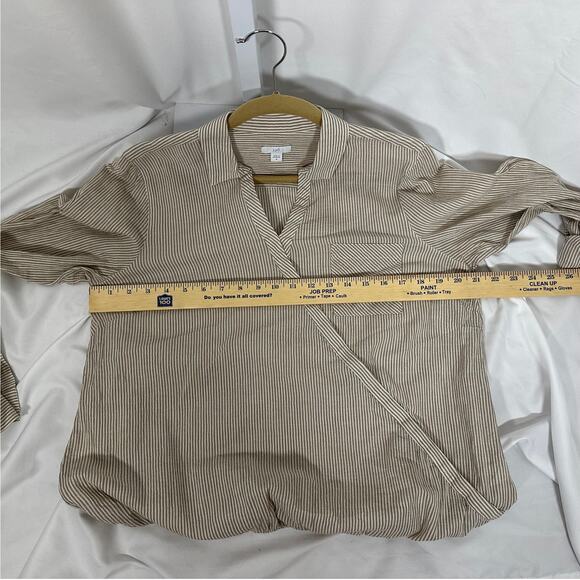 J.Jill Collared Tan Ticking Stripe Cotton Faux Wrap Front Shirt Size Medium - Picture 8 of 8
